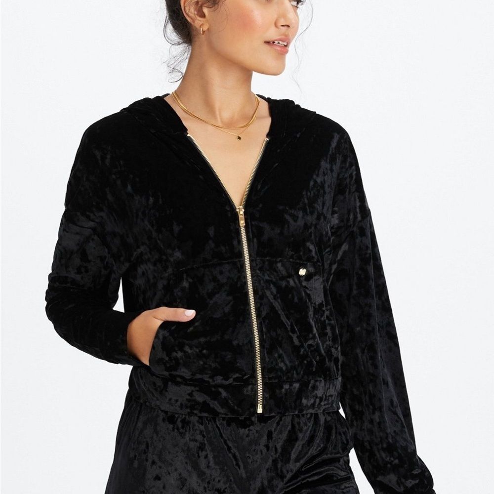 Fabletics Black Crushed Velvet Hoodie Full Zip Soft Athleisure Streetwear
